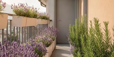 Balcone stretto in Via Roma a Cossato con lavanda, rosmarino e vasi chiari